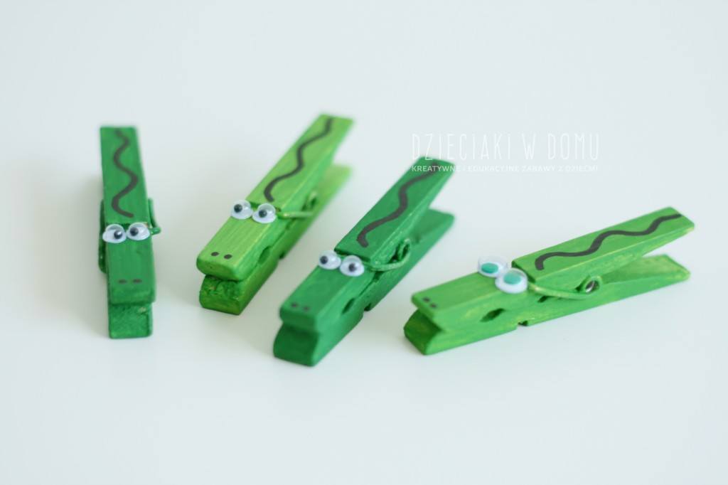 krokodyle z drewnianych klamerek - praca techniczna dla dzieci